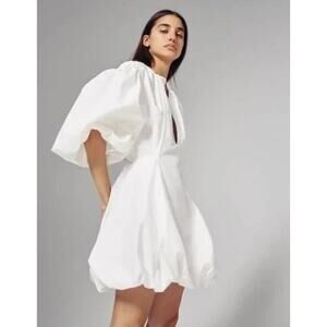 BASSIKE White Gathered Cotton Poplin Mini Balloon Hem Sleeve